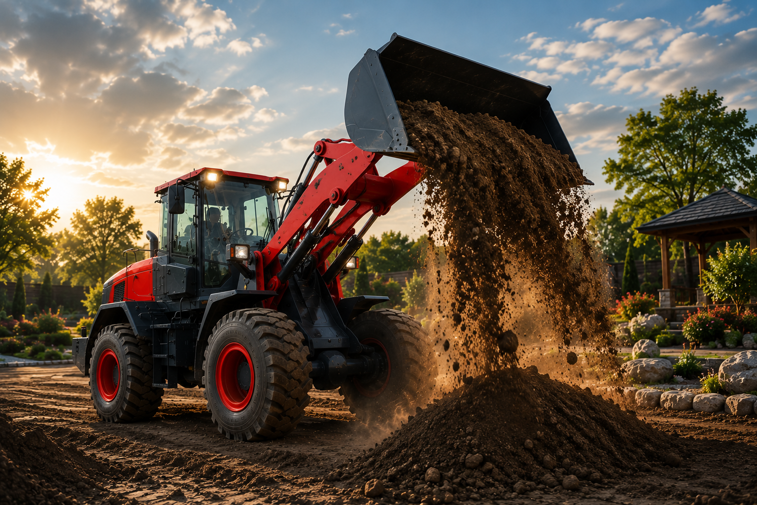 Red American Loader wheel loader dumping soil at a landscaping jobsite