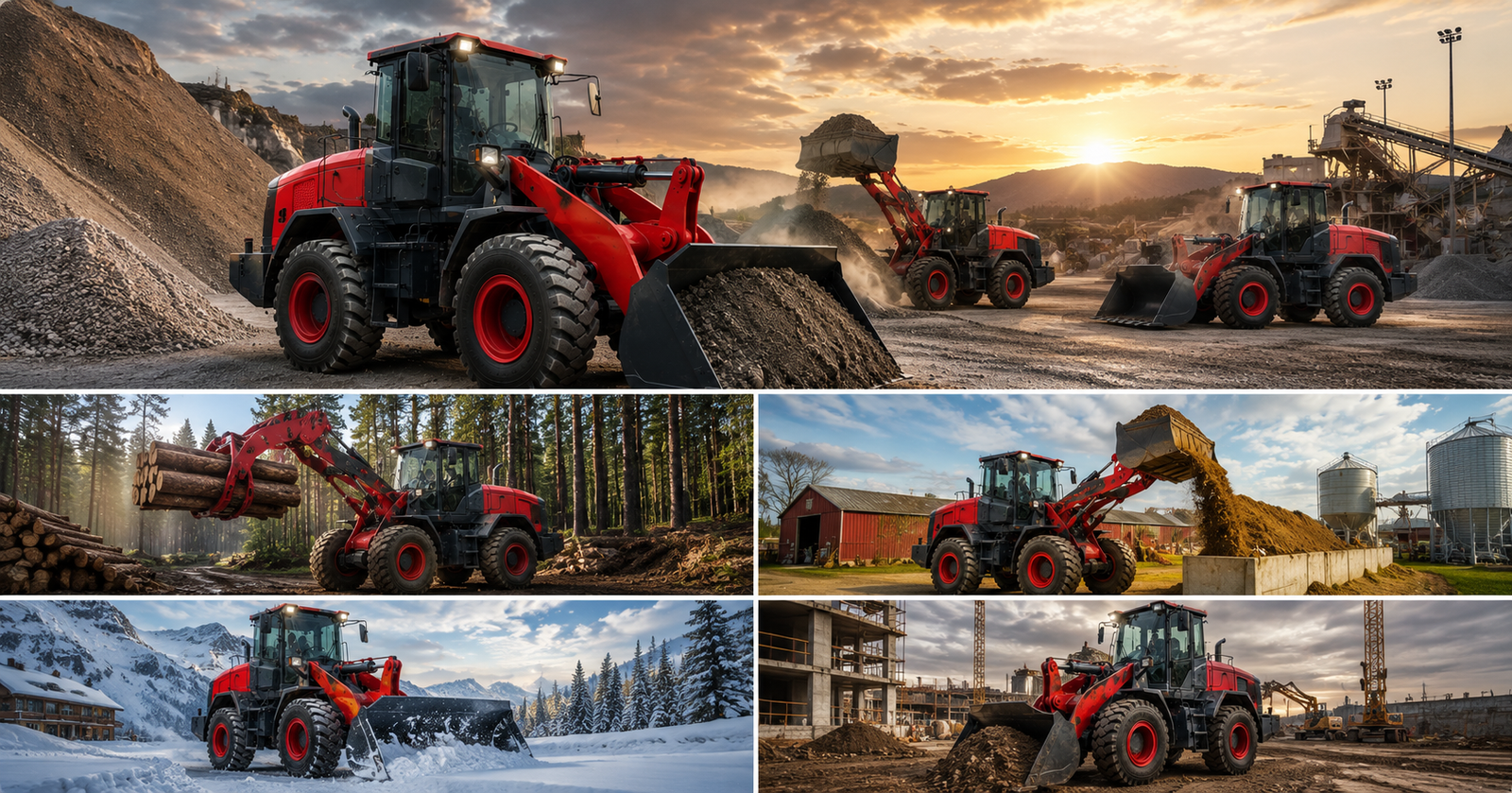 Red American Loader wheel loaders working across quarry, forestry, farming, snow, and construction sites