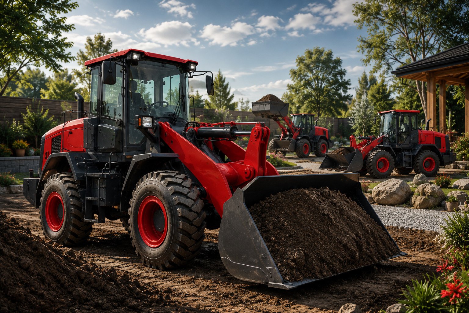Red American Loader wheel loaders moving soil